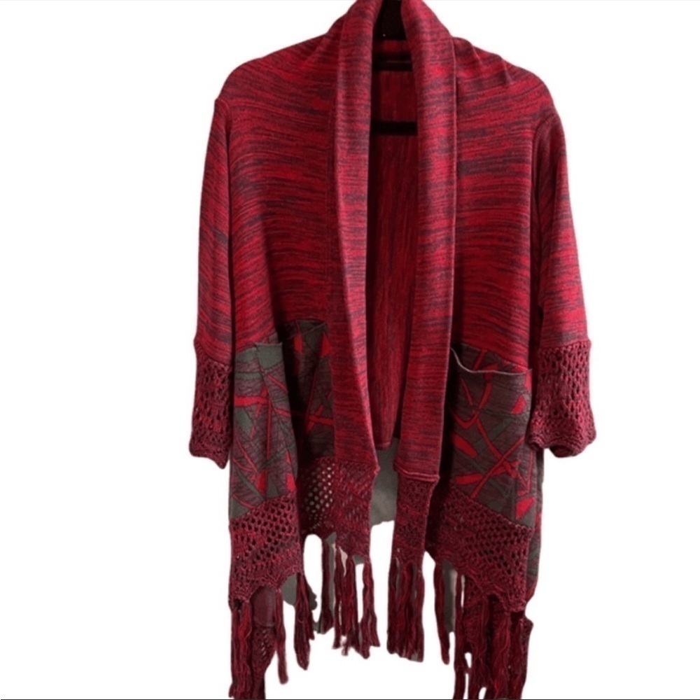 Sweater Girl oversized crochet sleeves and hem open cardigan poncho. Size M